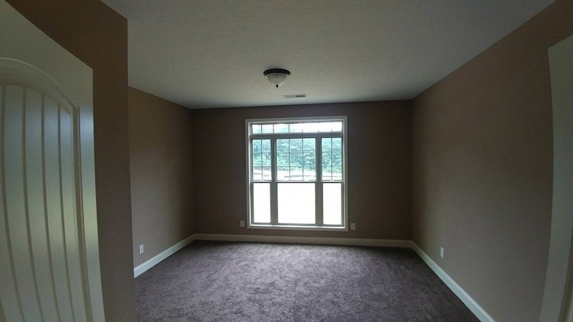 Sunlit room featuring multi-pane window, plush beige carpet, smooth white plaster walls, and decorative crown molding.