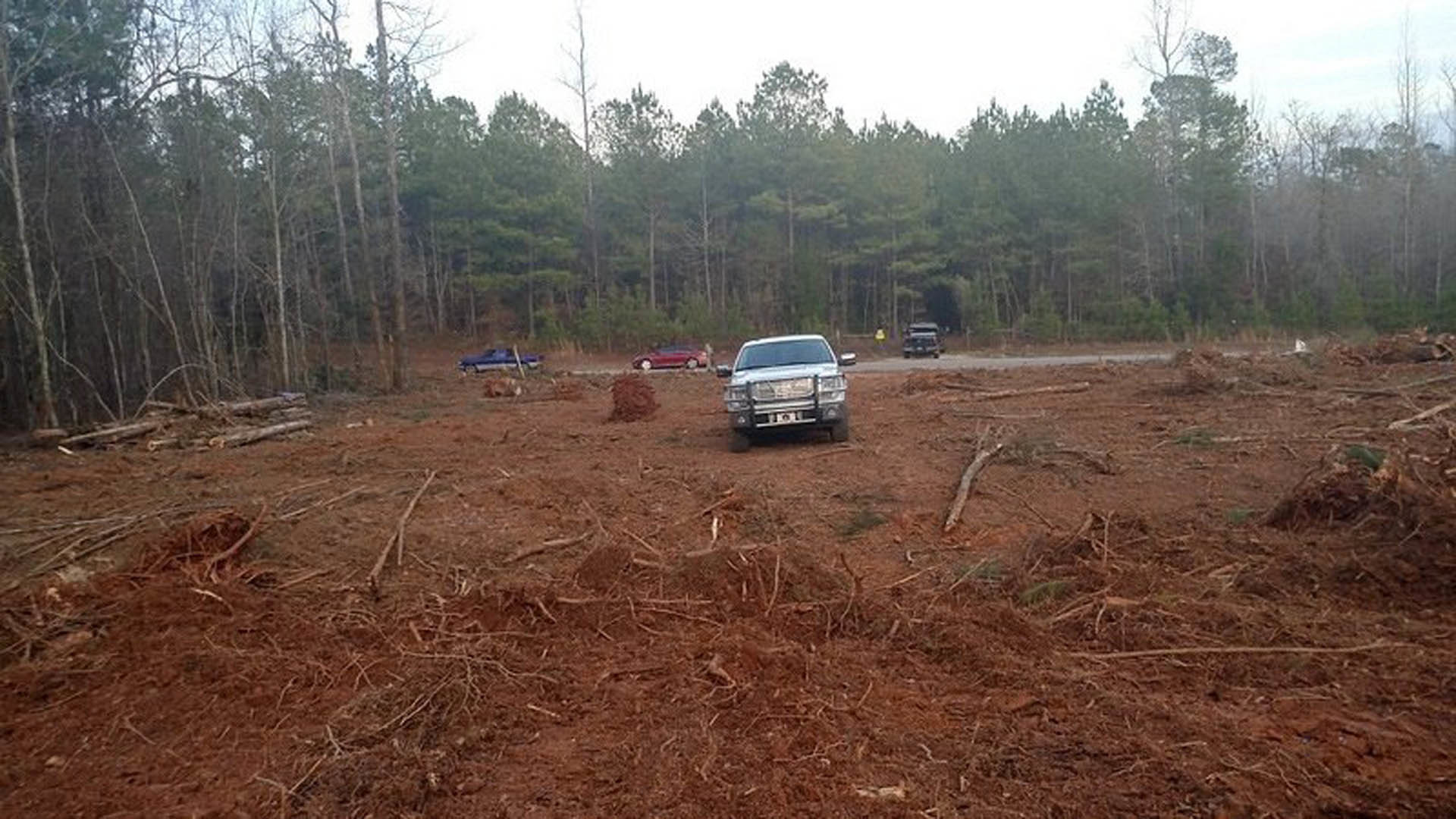 Sedan parked on a dirt driveway surrounded by mature trees, natural soil ground, and open sky in the background
