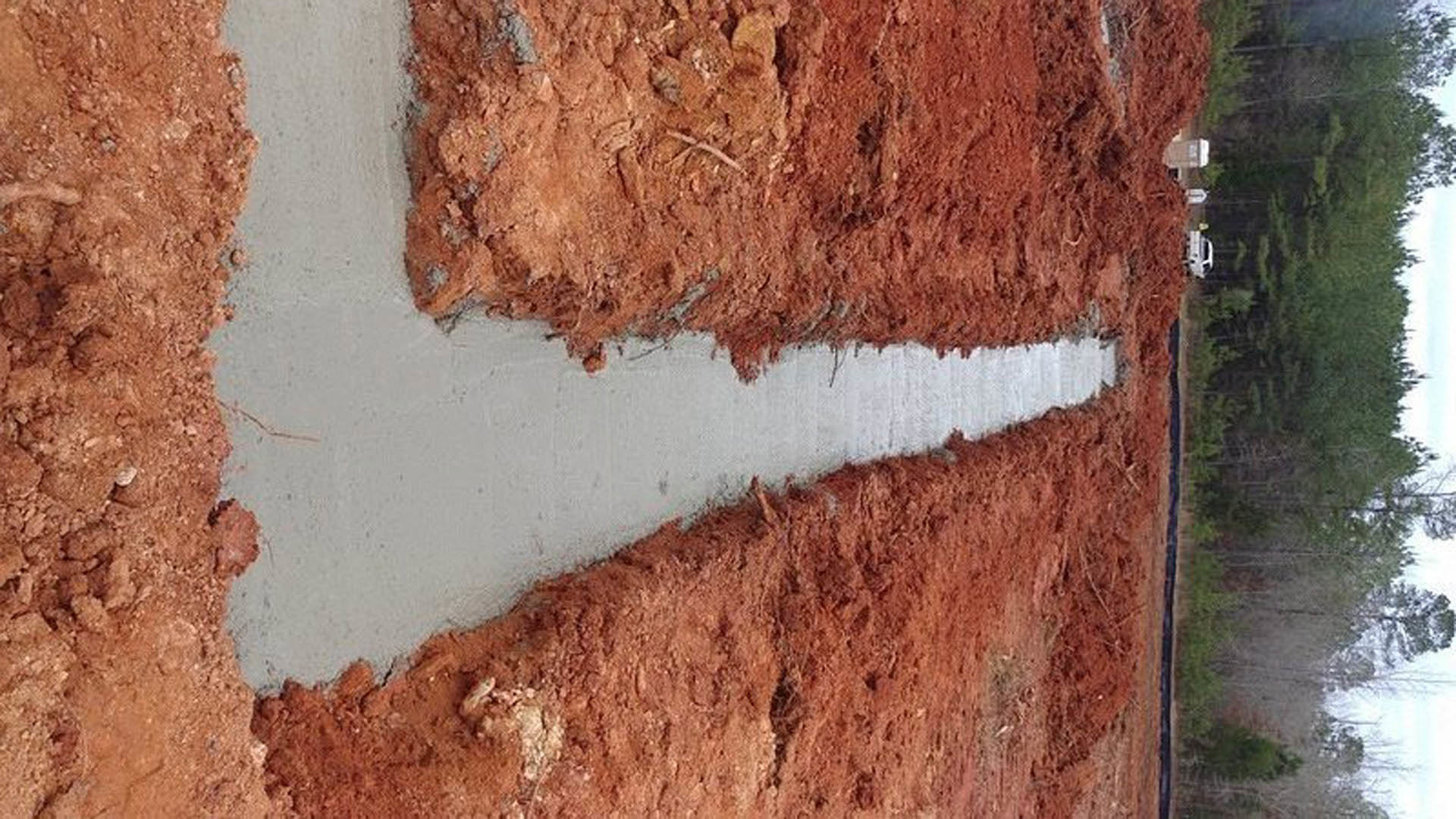 Concrete walkway bordered by dirt, white car parked among tall trees, forest background with blurred foliage