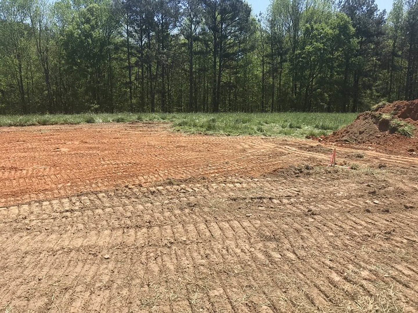 Dirt field with tire tracks bordered by a group of trees under open sky