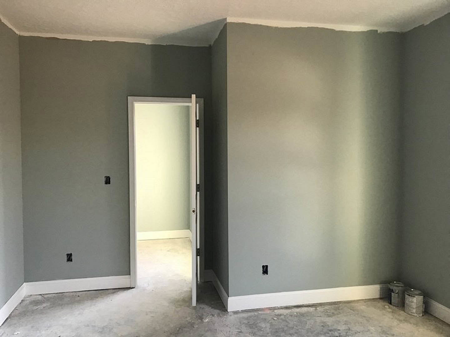 White paneled door open to a room with light streaming in, white plaster walls with black trim, hardwood flooring, and ceiling visible in the corner.