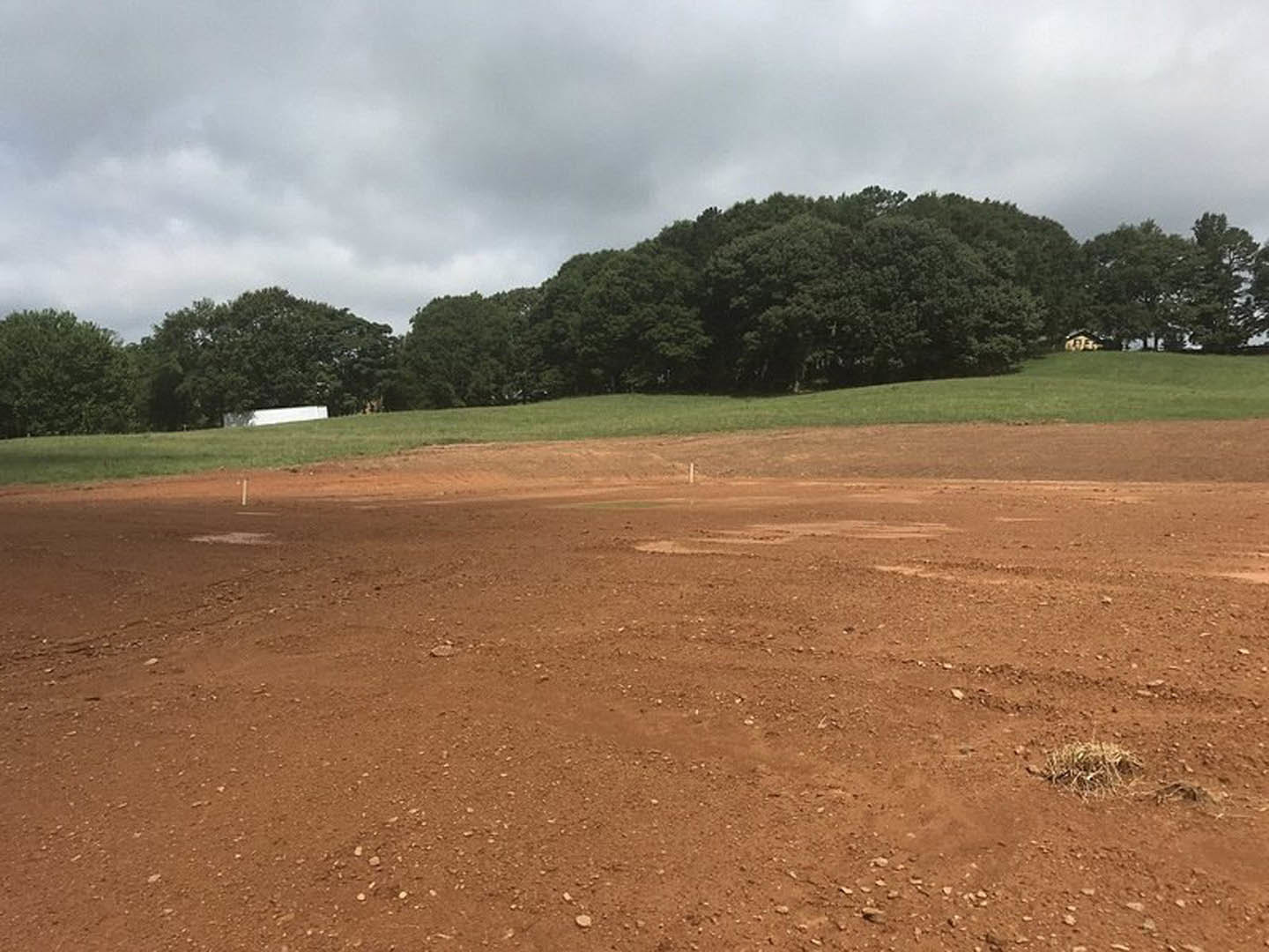 Dirt field with patches of grass, surrounded by trees under a cloudy sky