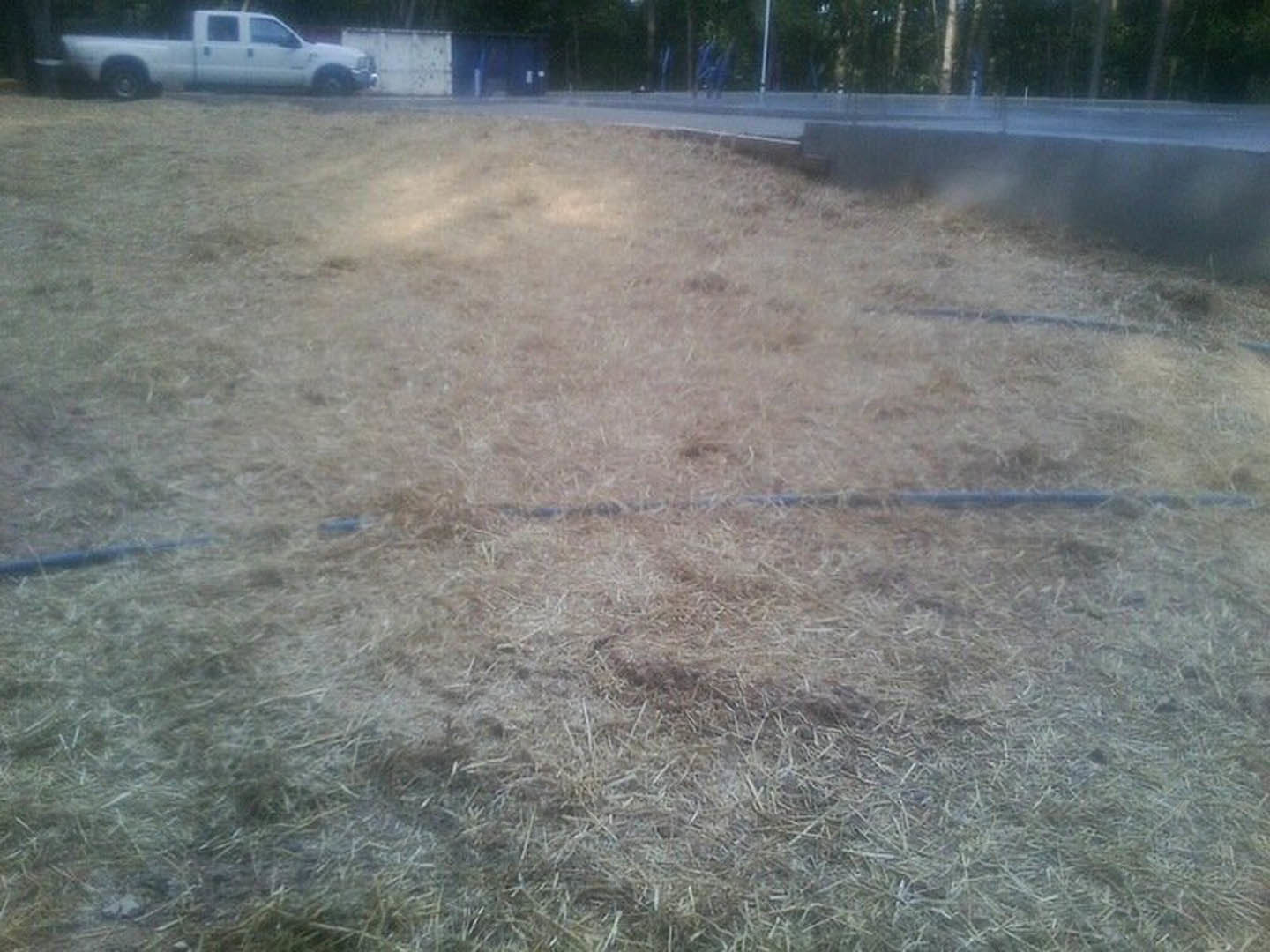 Dry grass field with a white truck parked near a concrete wall, building in the background, tree and car partially visible.
