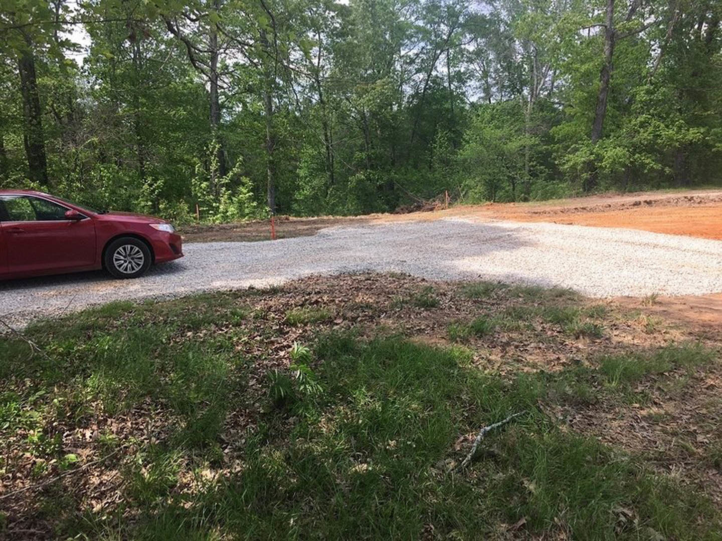 Red car parked on gravel driveway beside grassy field and dense forest, tire and wheel visible in foreground, tree trunks and plants in background