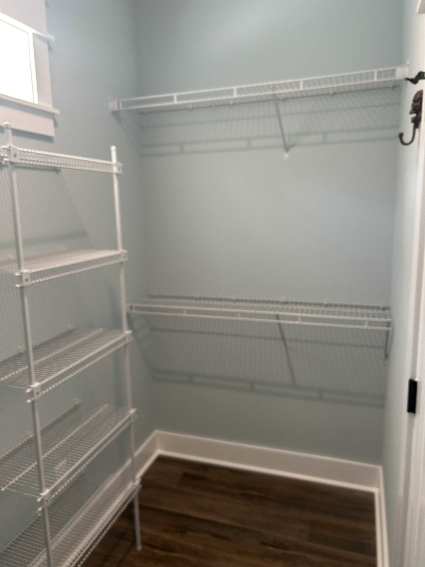 Walk-in closet with white built-in shelves, metal hanging rods, wood flooring, white trim, and a window letting in natural light