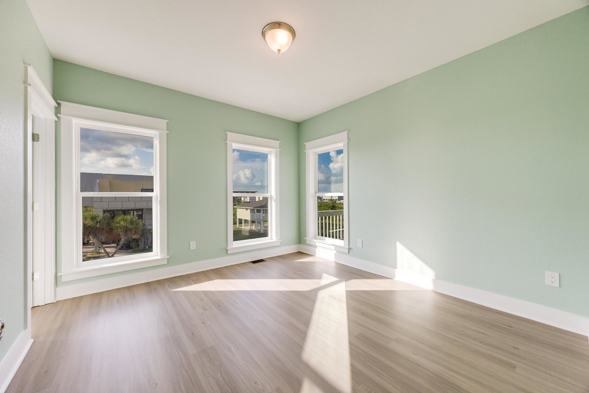 Green-painted walls, white ceiling with modern light fixture, wood laminate flooring, multiple windows showing views of palm trees, neighboring houses, and an open field, white