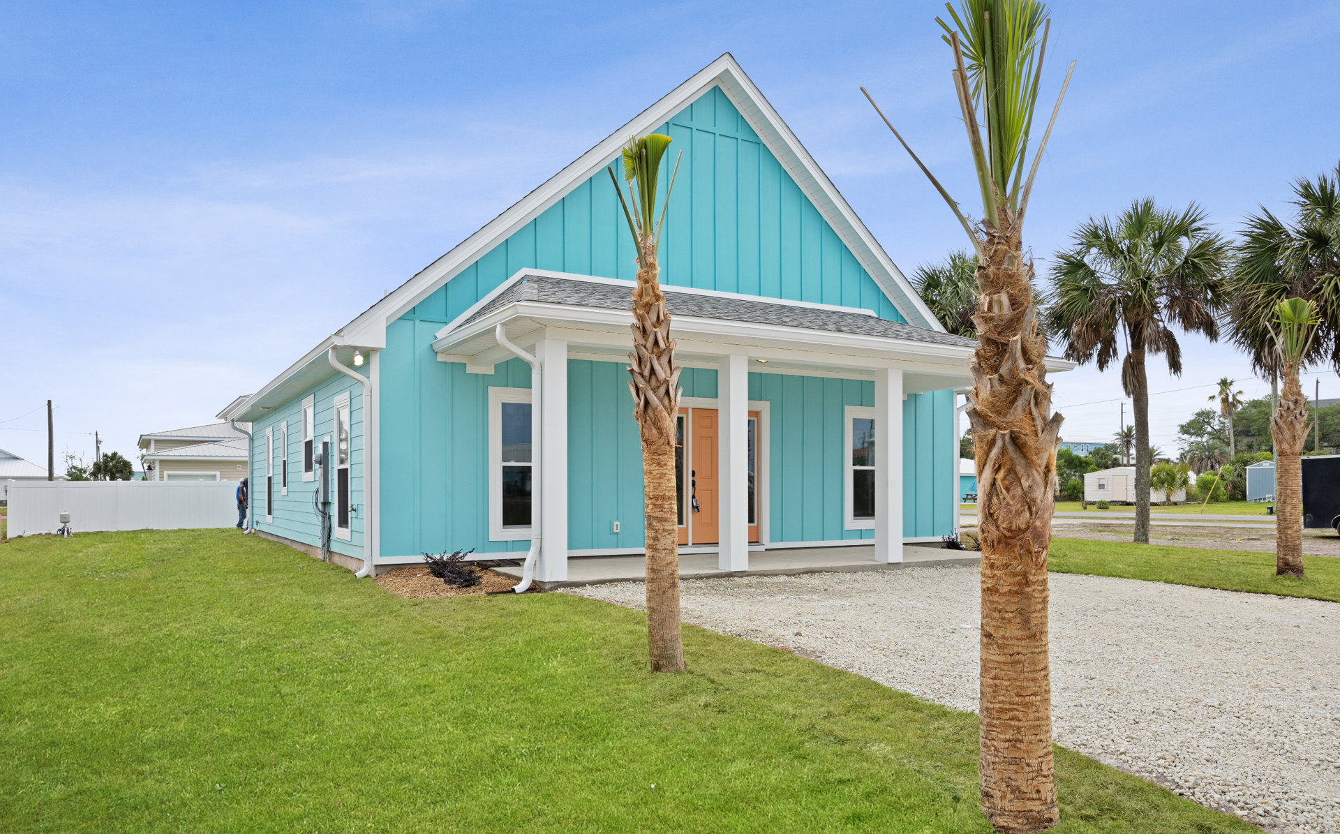 Blue-painted house with palm trees in front, carved tree trunk with a face near entry, blue door visible behind palm trunk, grassy yard, cloudy sky overhead.