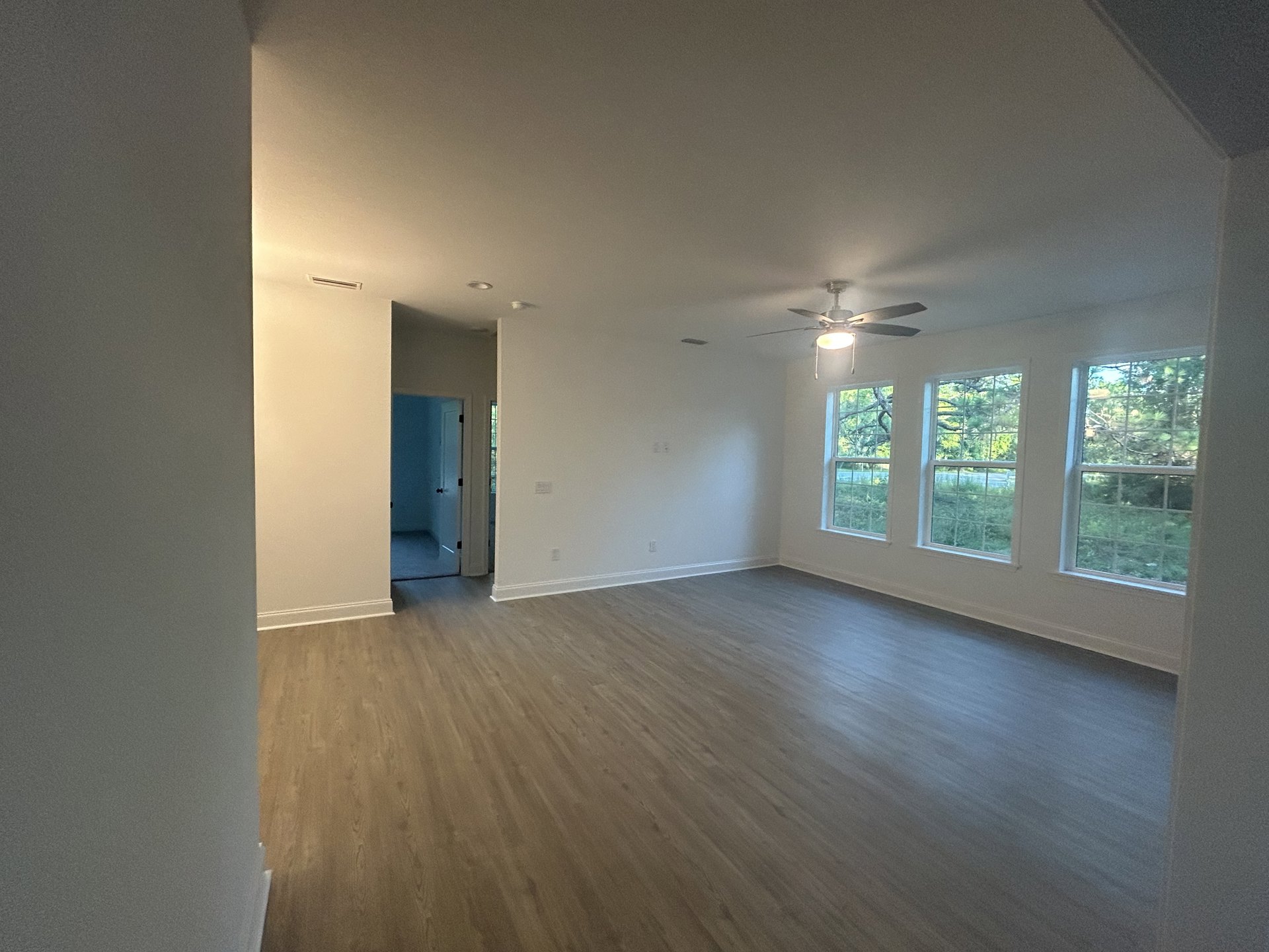 Wood floor room featuring a ceiling fan with light, blue door accented by black screws, plaster walls, and windows overlooking trees and grass.