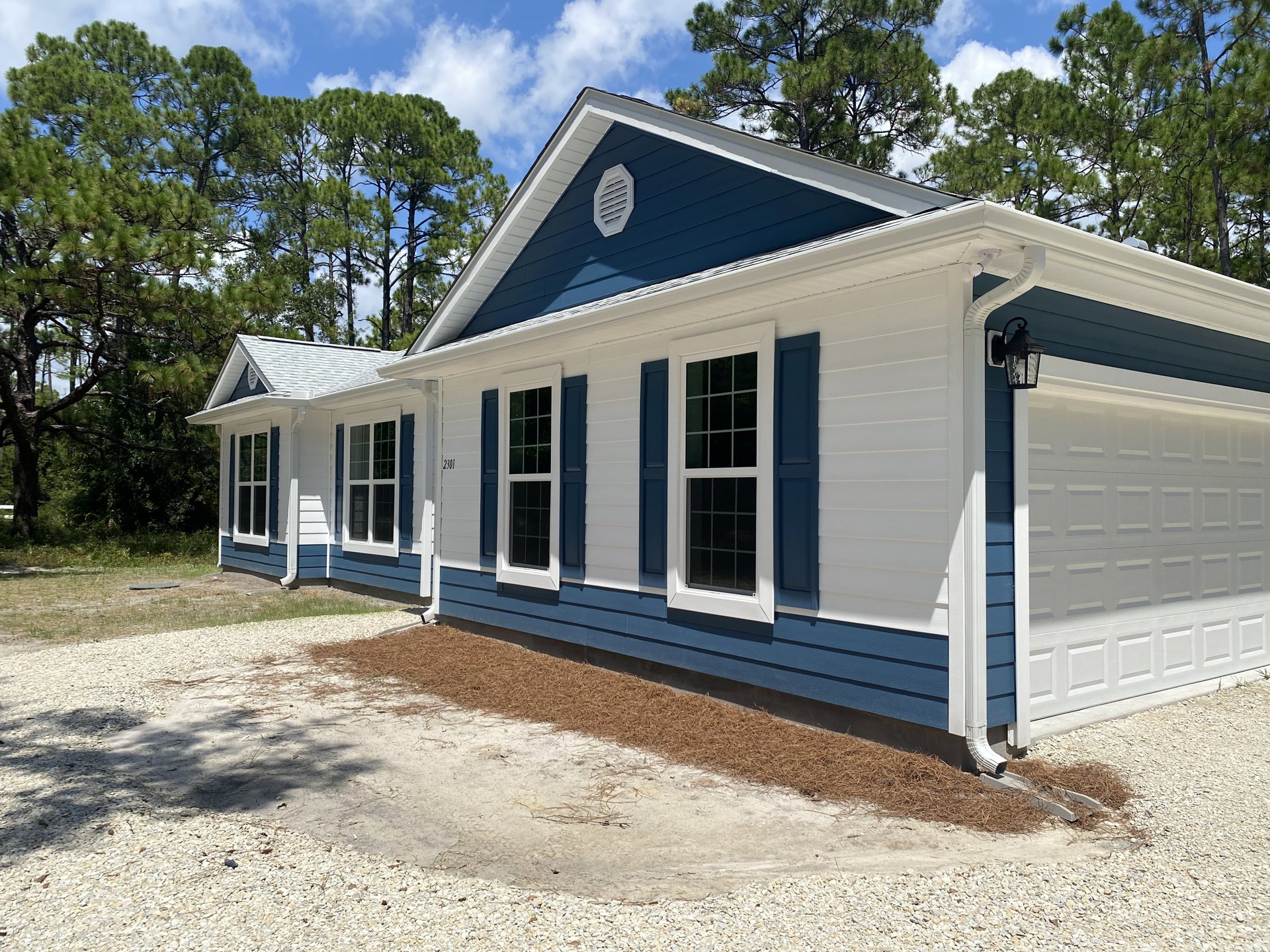 Blue and white siding exterior with white-framed window, white vent on blue wall, close-up of entry door, porch area, roofline, and tree in background under partly cloudy sky