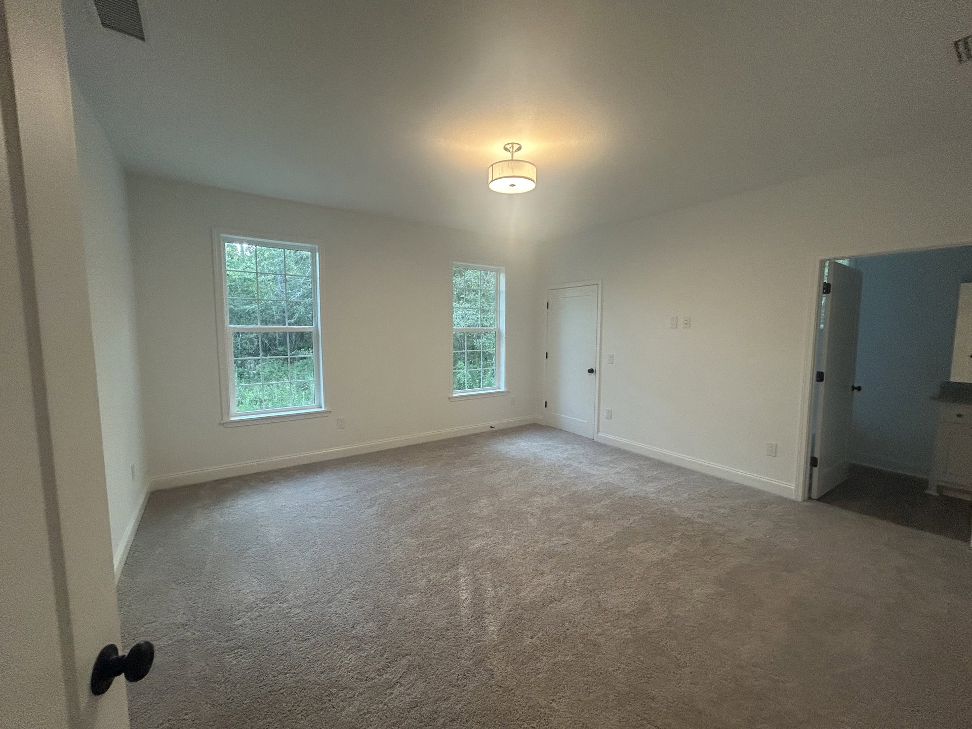 Carpeted room with white walls, multiple square windows, white door with black knob, and ceiling light fixture with shade