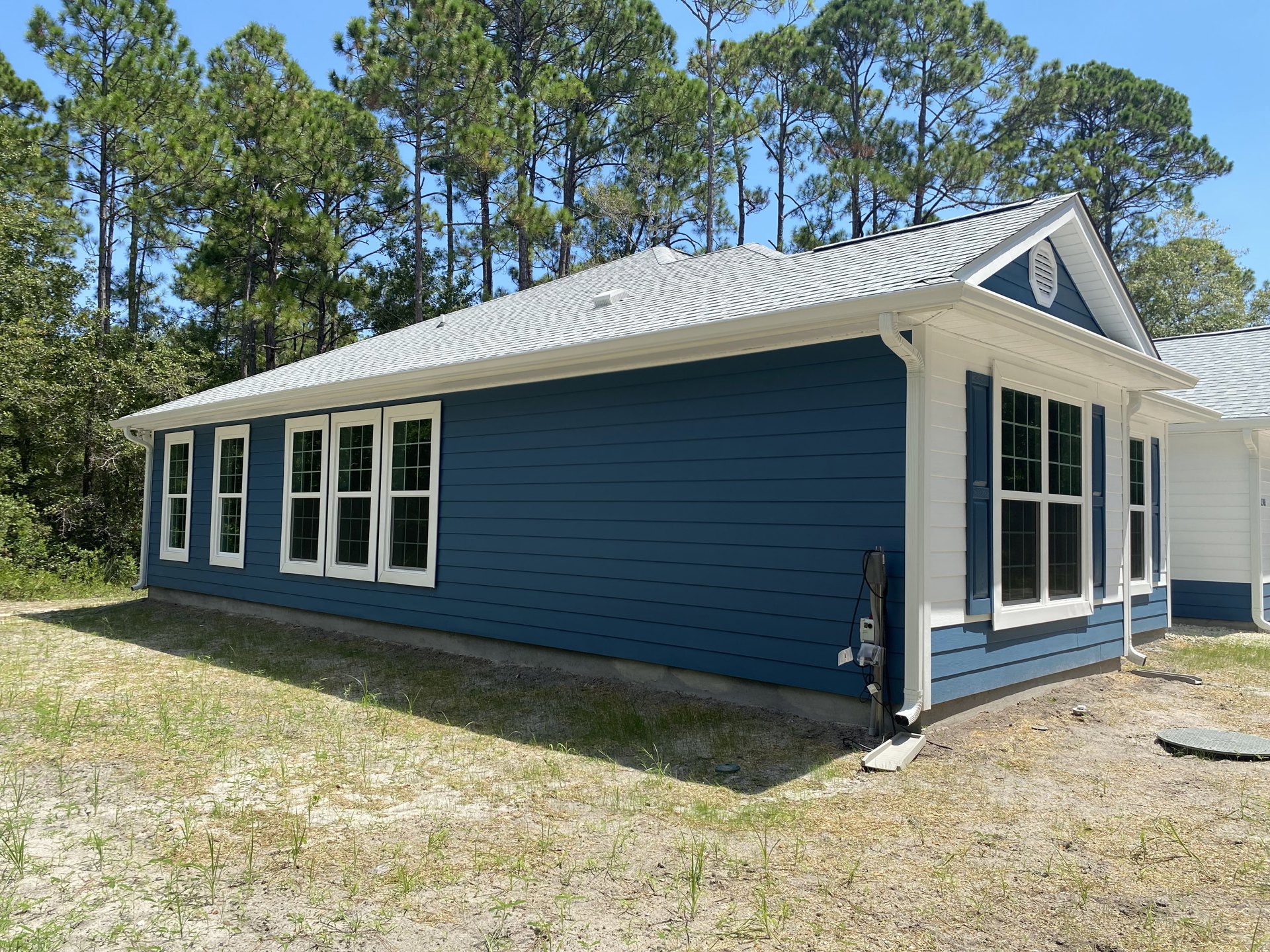 Blue siding with white trim, multiple-paned windows, gabled roof, grassy front yard, mature trees in background