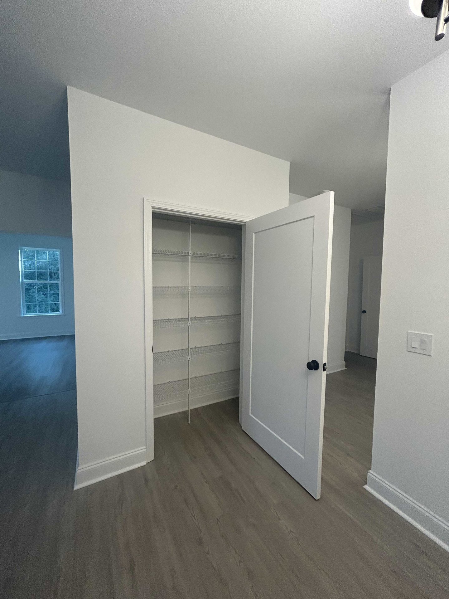 White door with black knob set in a room with wood flooring, white walls, nearby window showing trees, and built-in white cabinet with open shelves.