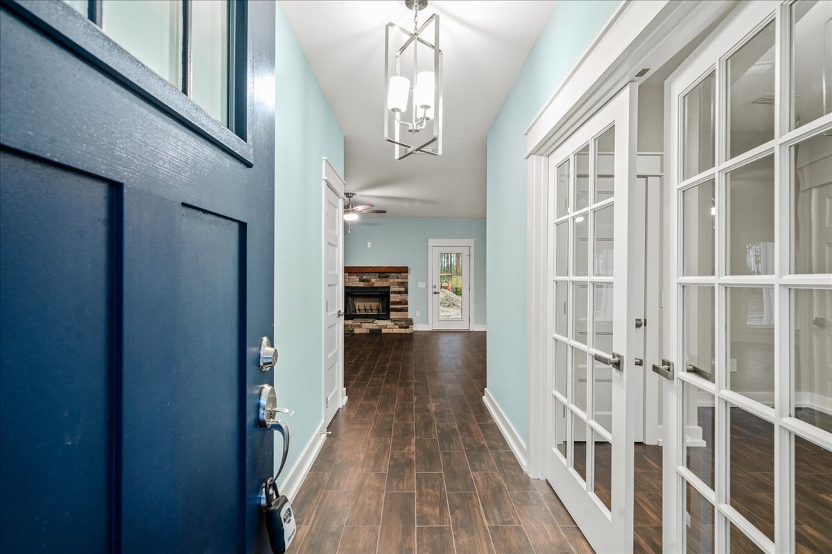 Hallway with wood flooring and white trim, blue door with glass panels, black-framed fireplace, double light fixture, and door offering a view of trees outside