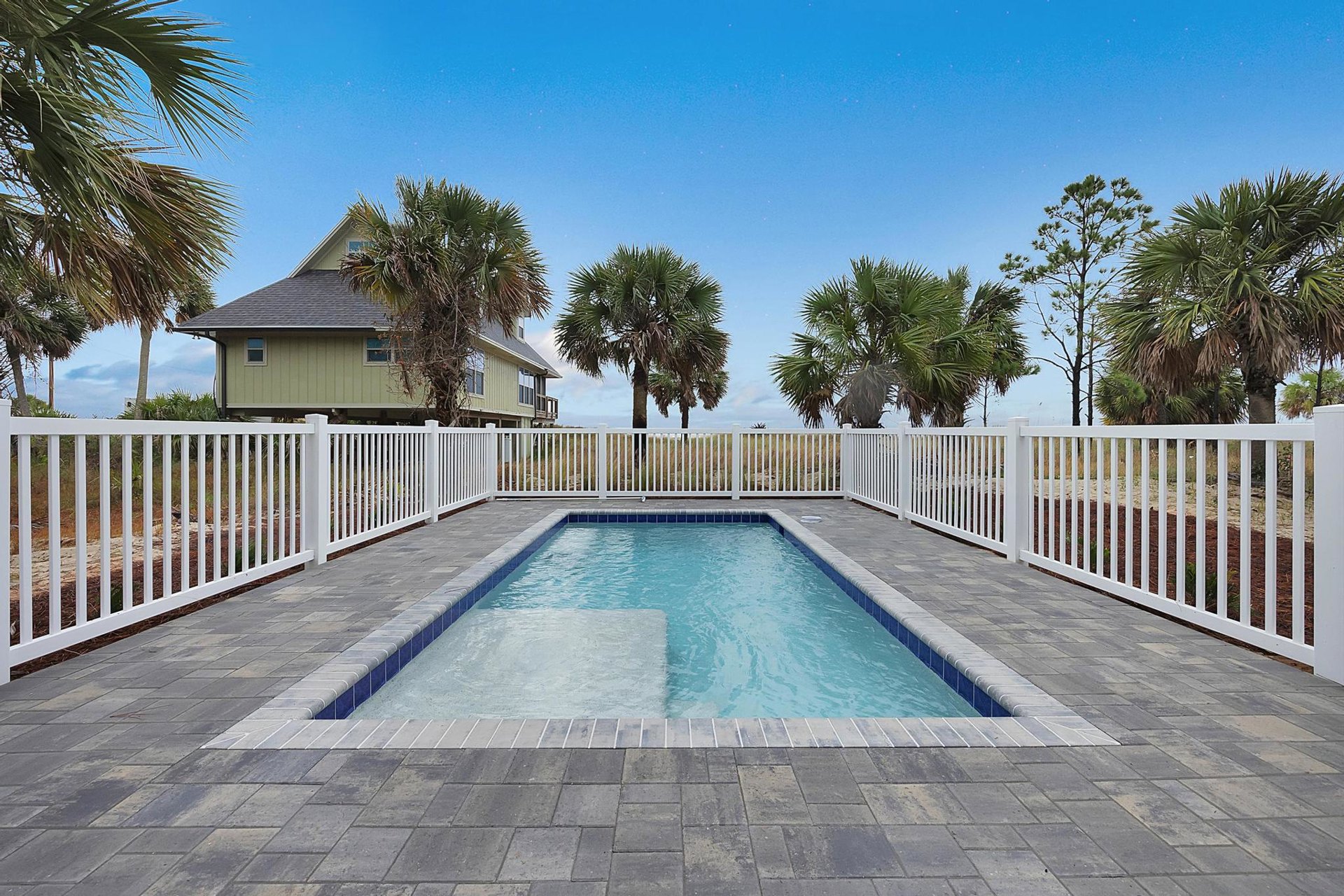 Rectangular swimming pool with built-in steps, surrounded by a white picket fence and several tall palm trees, set against a clear sky and the exterior of a custom home