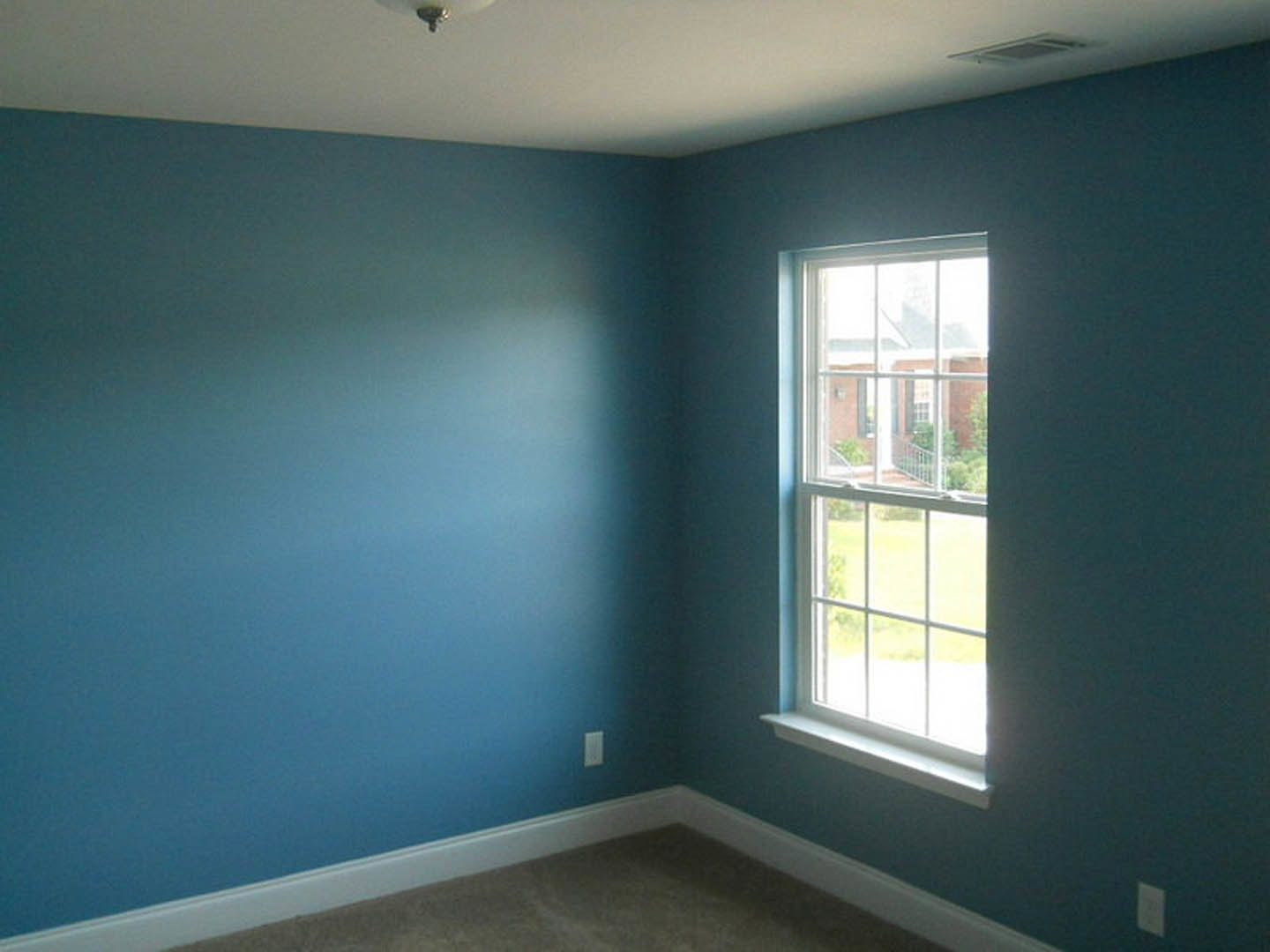 Carpeted room with blue accent wall, large window with white trim, ceiling light fixture, and white electrical outlet.