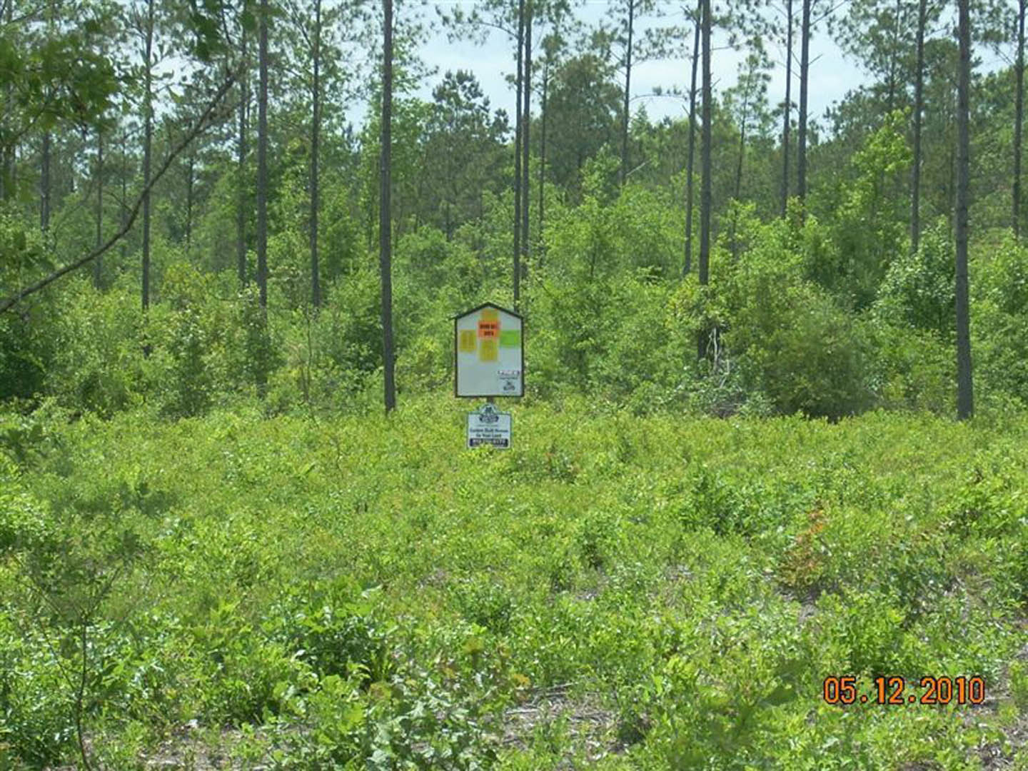 White rectangular sign with yellow stickers standing in tall green grass, surrounded by dense forest trees and lush vegetation.