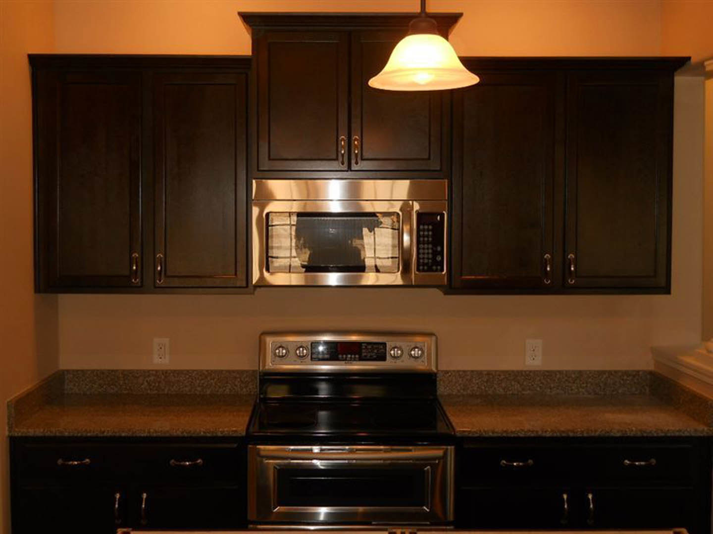 Dark wood kitchen cabinets, stainless steel oven and microwave, stone countertop, modern ceiling light fixture, neutral wall color