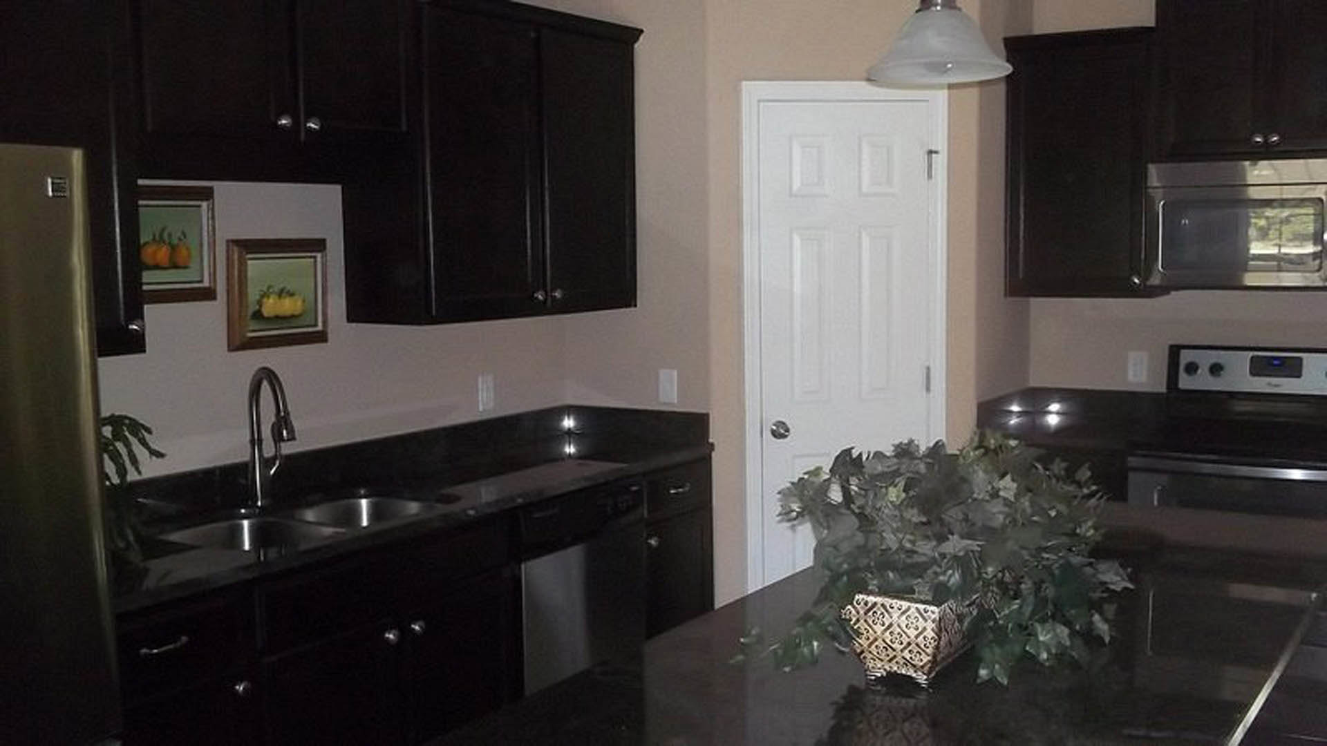 Black kitchen cabinets with matte finish, white countertop, stainless steel sink, potted green plant on the counter, light-colored walls, and large window providing natural light