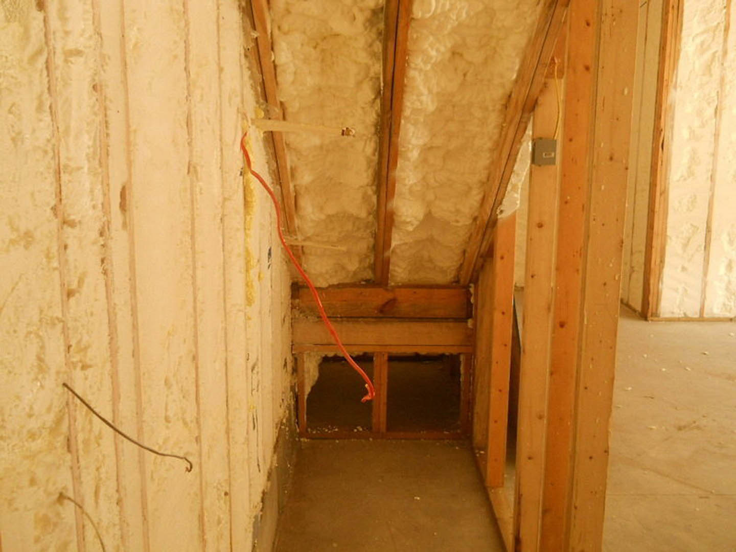 Basement room with wood plank walls, exposed foam insulation, red electrical cable emerging from hole, brown floor with scattered white spots, unfinished plaster ceiling.