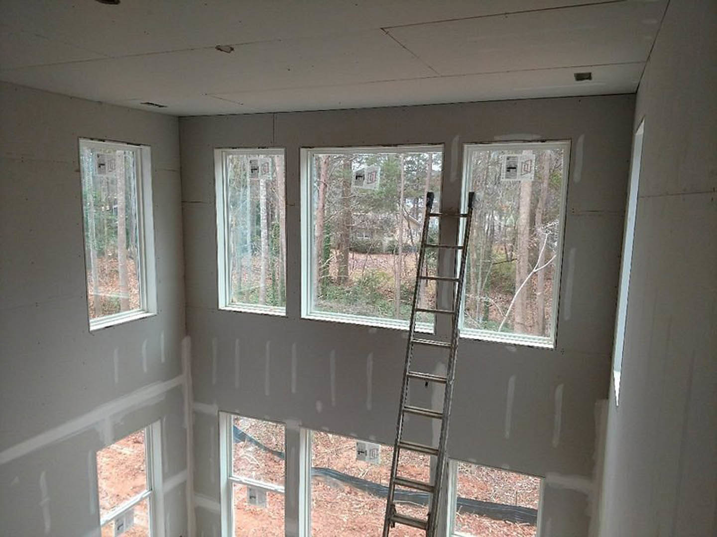 Wooden ladder leaning against a white wall in a bright room with large windows overlooking a forest and a basketball net among the trees