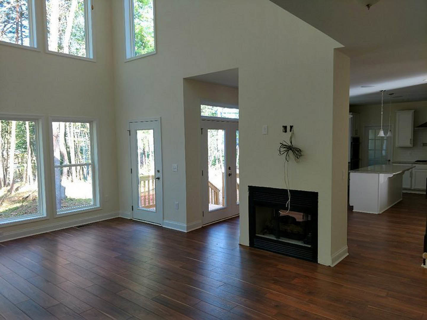 Living room featuring hardwood floors, white fireplace with black trim, white door with glass window, and visible black wire along white wall.