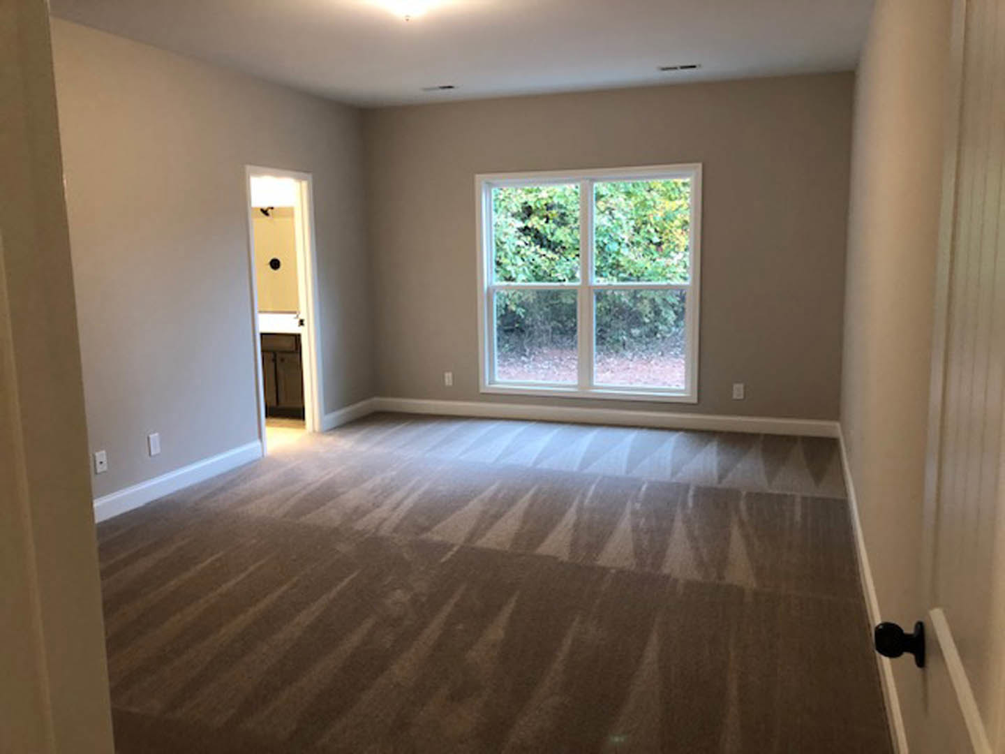 Carpeted bedroom with large window overlooking trees, white walls, and close-up of black door knob on white door