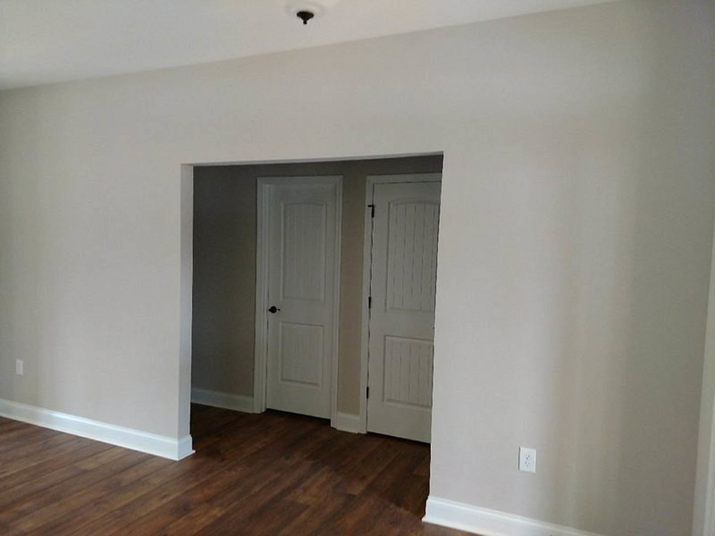 Wood floor room with two white doors, black handles, white walls, electrical outlet, and a person standing near the doors