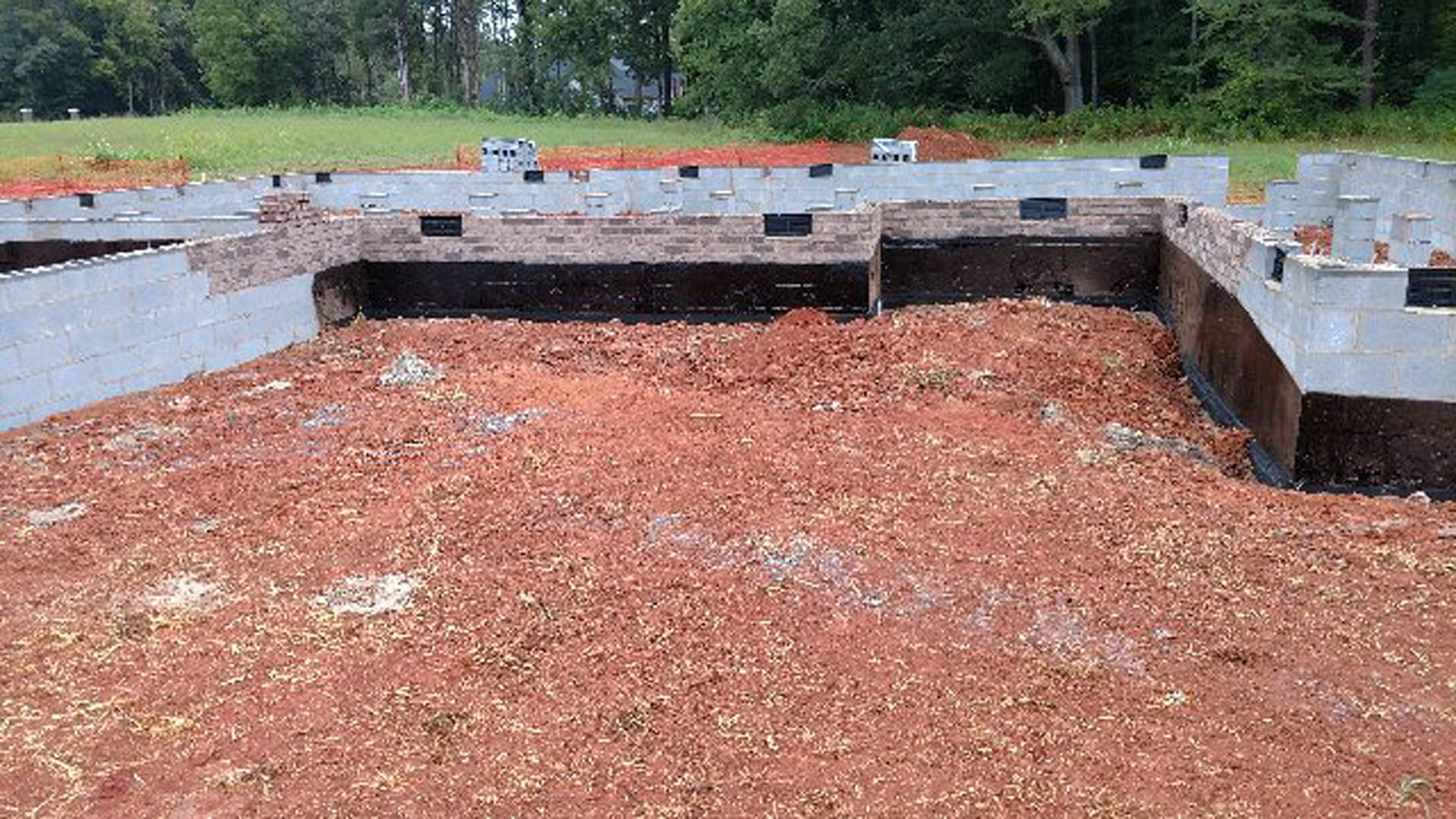 Red brick exterior wall with a large hole in the soil at its base, surrounded by plants and trees