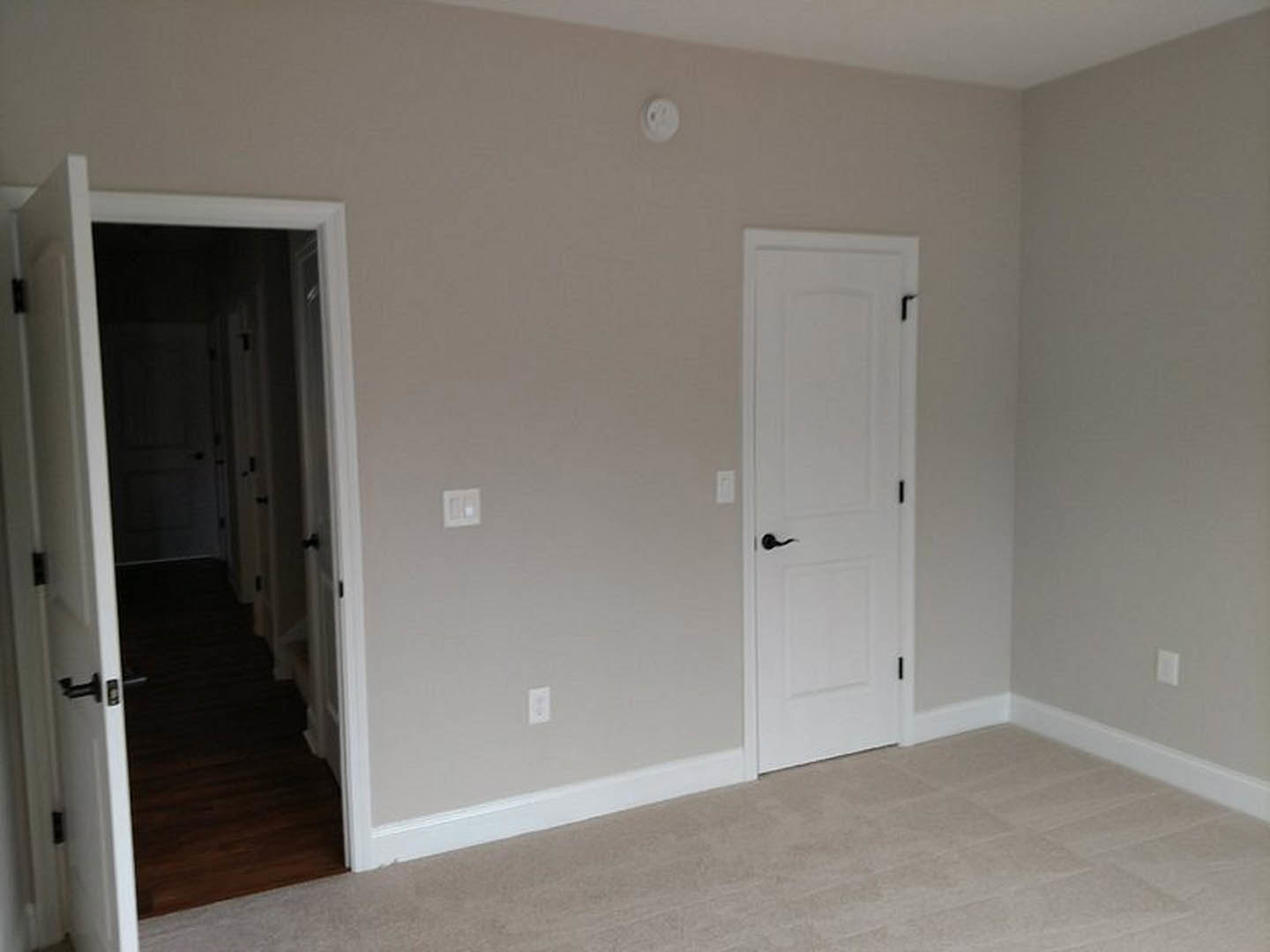 White door with black handle opening to a hallway with matching doors, wood flooring in main room, carpeted floor visible in foreground, smoke detector and light switch mounted on