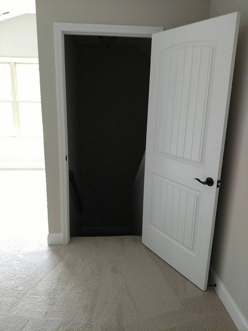 White door with black handle opening to a dark room, white walls, carpeted floor, and black accent wall