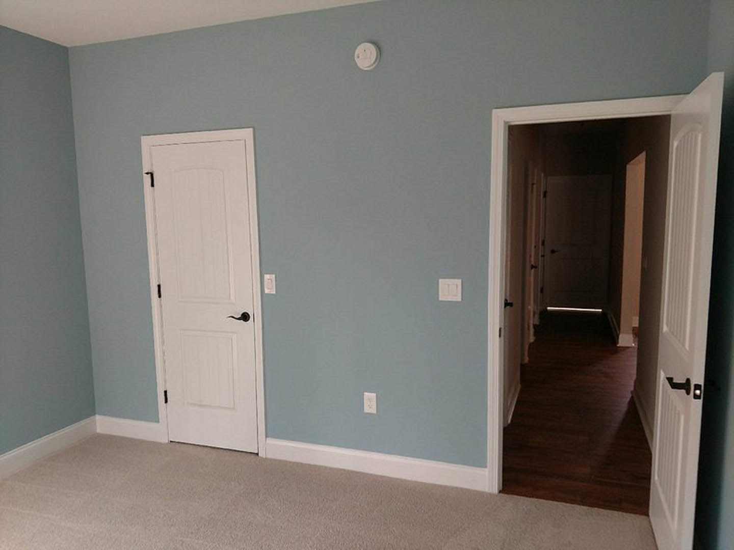 Blue-walled room with dark wood flooring, white baseboards, two white doors with black handles, white light switch, and circular white wall object with a face design.