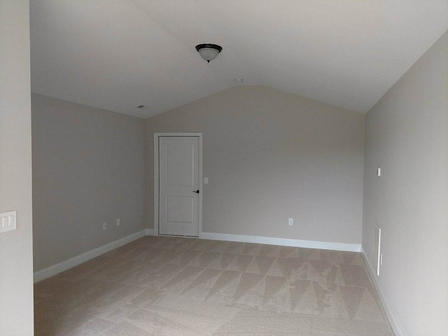 White paneled door with black handle, plush beige carpet, white walls, ceiling light fixture, simple baseboard molding