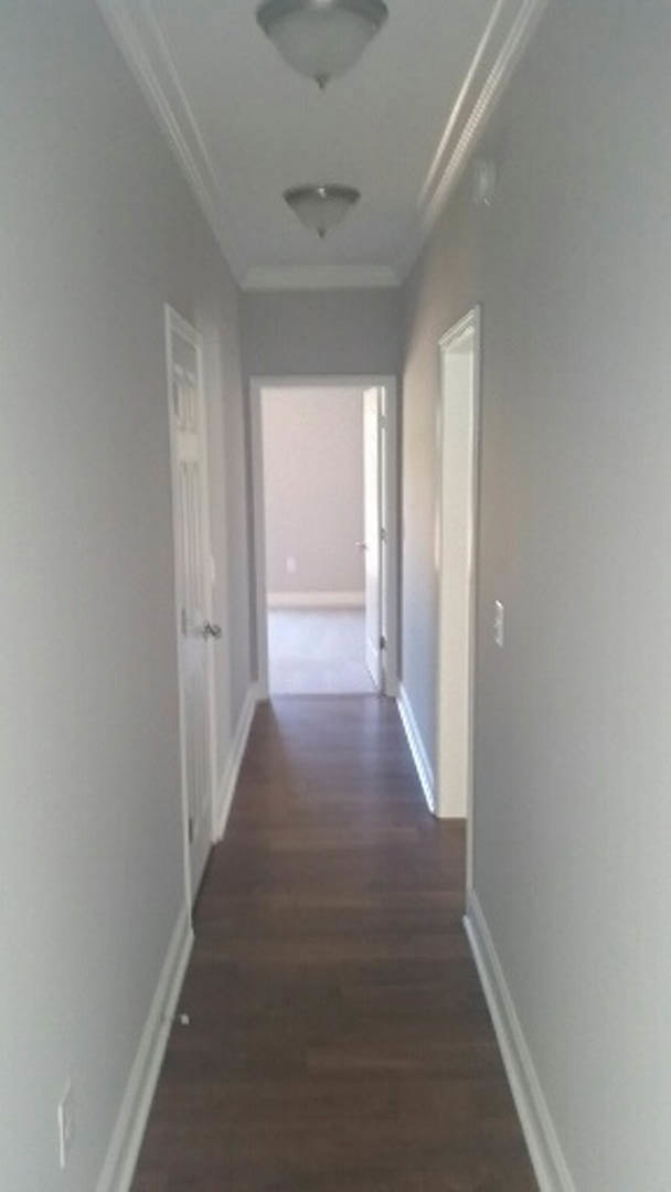 Hallway with white walls and doors, dark wood flooring with white trim, white door with matching frame, ceiling lights, and a white balloon resting on a surface