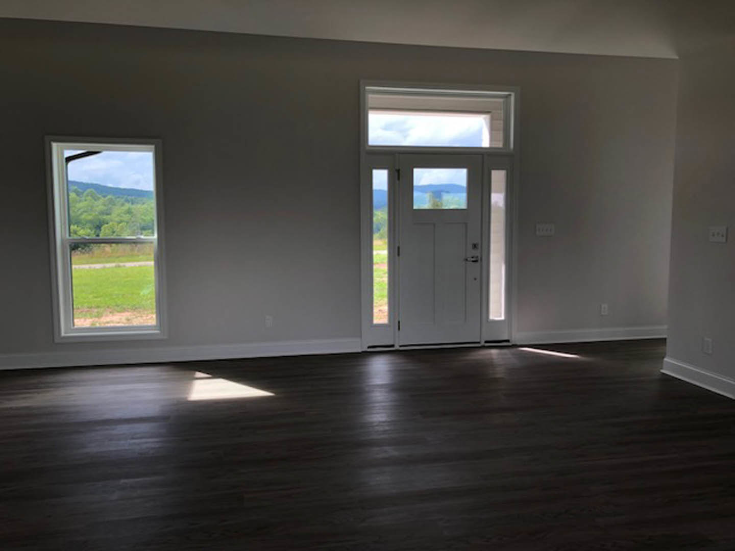 White walls and trim, dark wood laminate flooring, white door with glass window, large windows overlooking a field and trees.