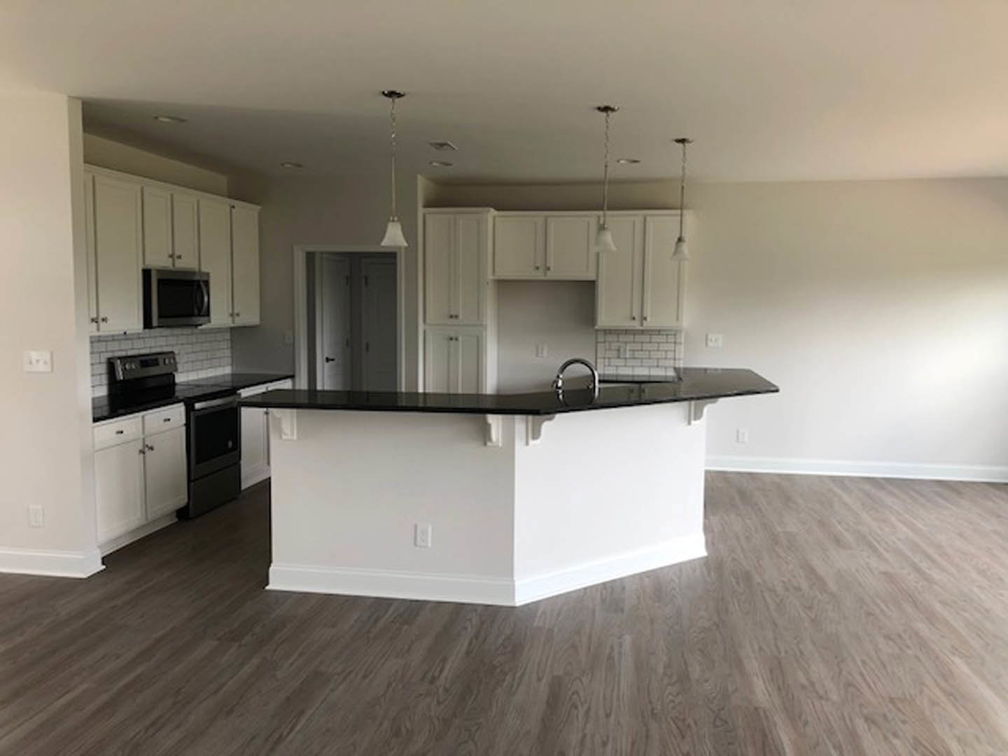 White kitchen cabinets and black countertops, stainless steel microwave, black dishwasher, wood flooring, white walls, under-mount sink, recessed lighting