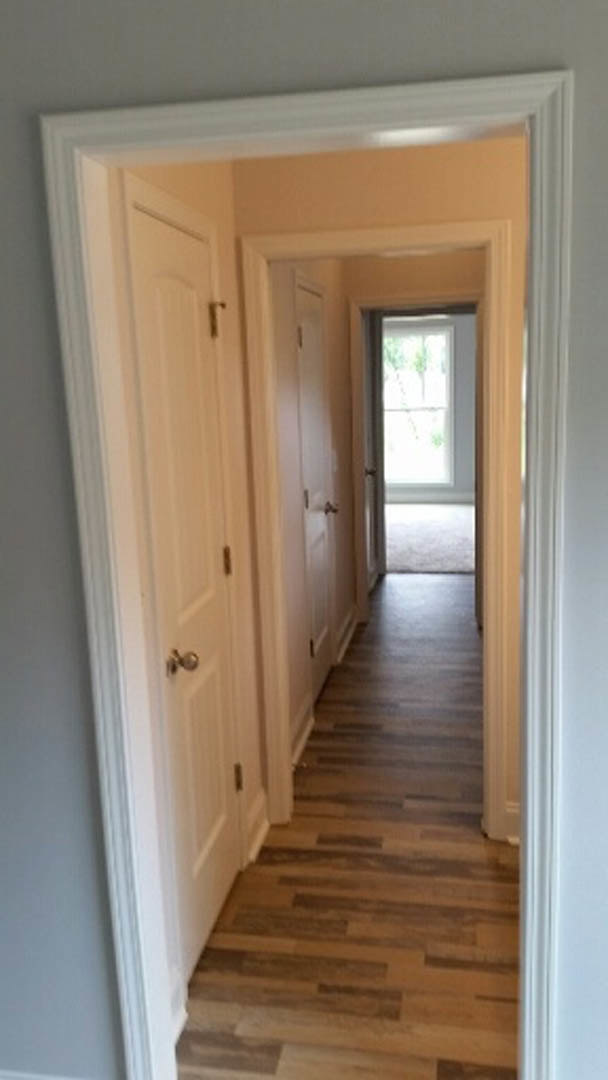 Hallway with white paneled doors, hardwood plank flooring, and sunlight streaming through a window