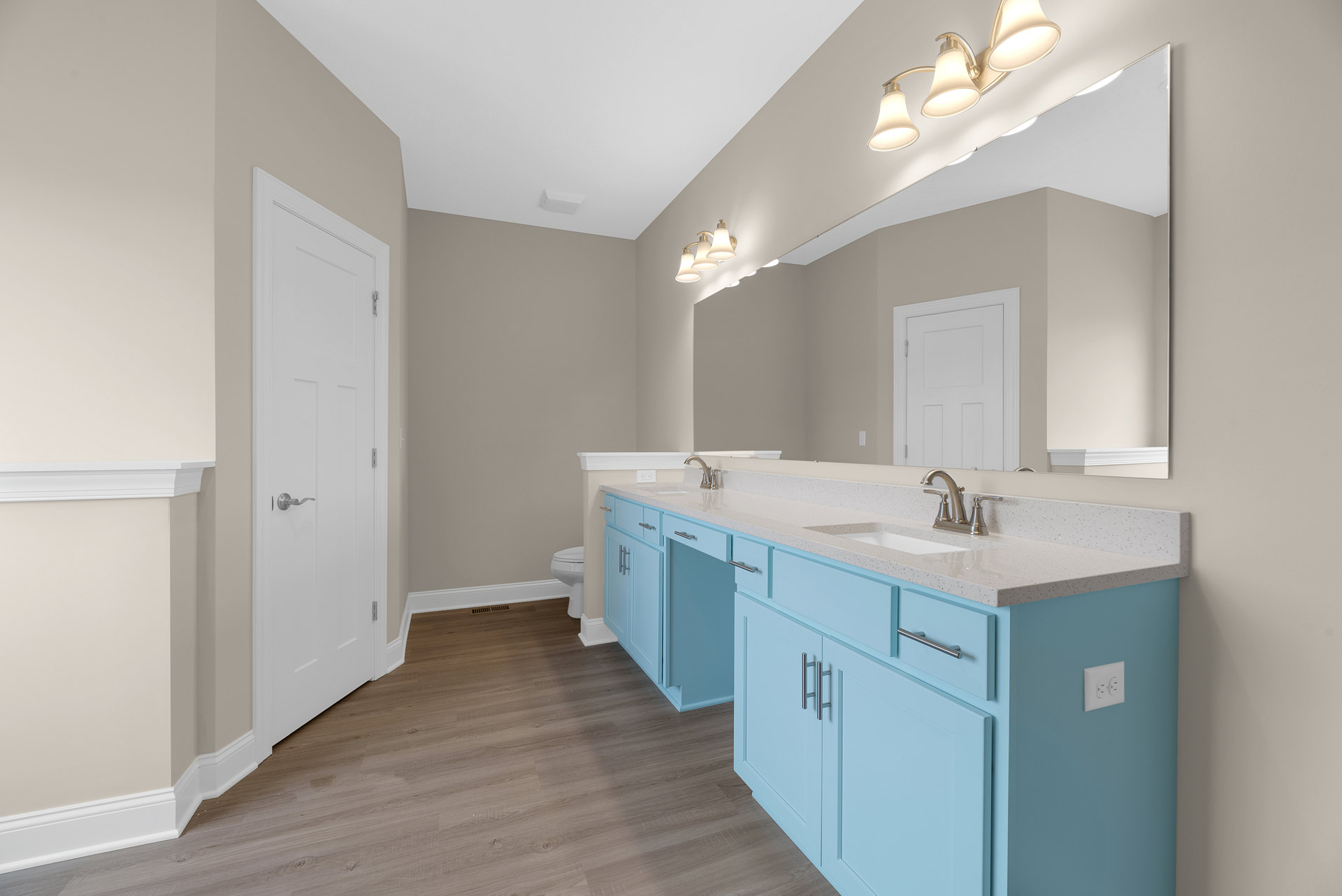 Bathroom with blue shaker cabinets, double sinks, wood plank flooring, white door with silver handle, three-light fixture above mirror, white walls, and hallway visible with