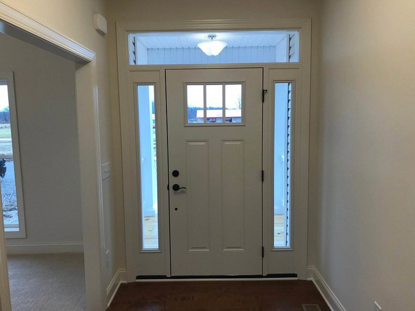 White paneled door with glass panes, brushed metal handle, light fixture overhead, hardwood flooring, white walls, and ceiling visible in entryway.