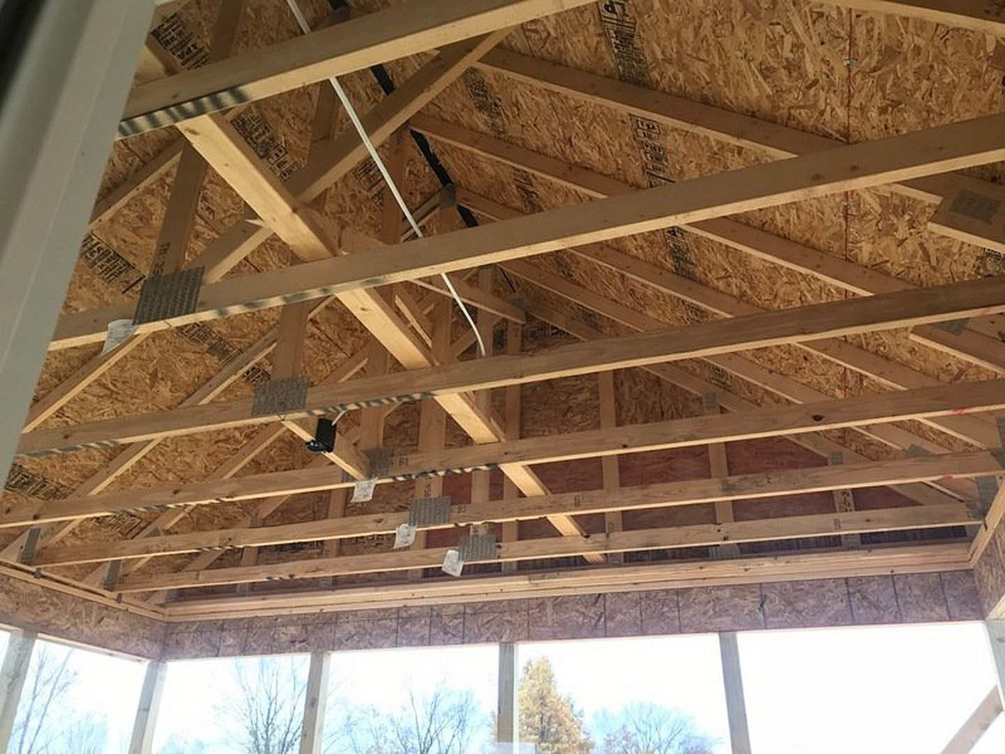Exposed wooden ceiling beams and planks with a large window framing leafy trees outside, natural daylight illuminating the interior.