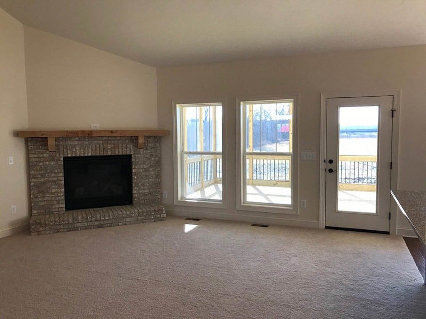 Living room with light walls, carpeted floor, glass door, fireplace featuring a black screen, and a black rectangular object on the carpet