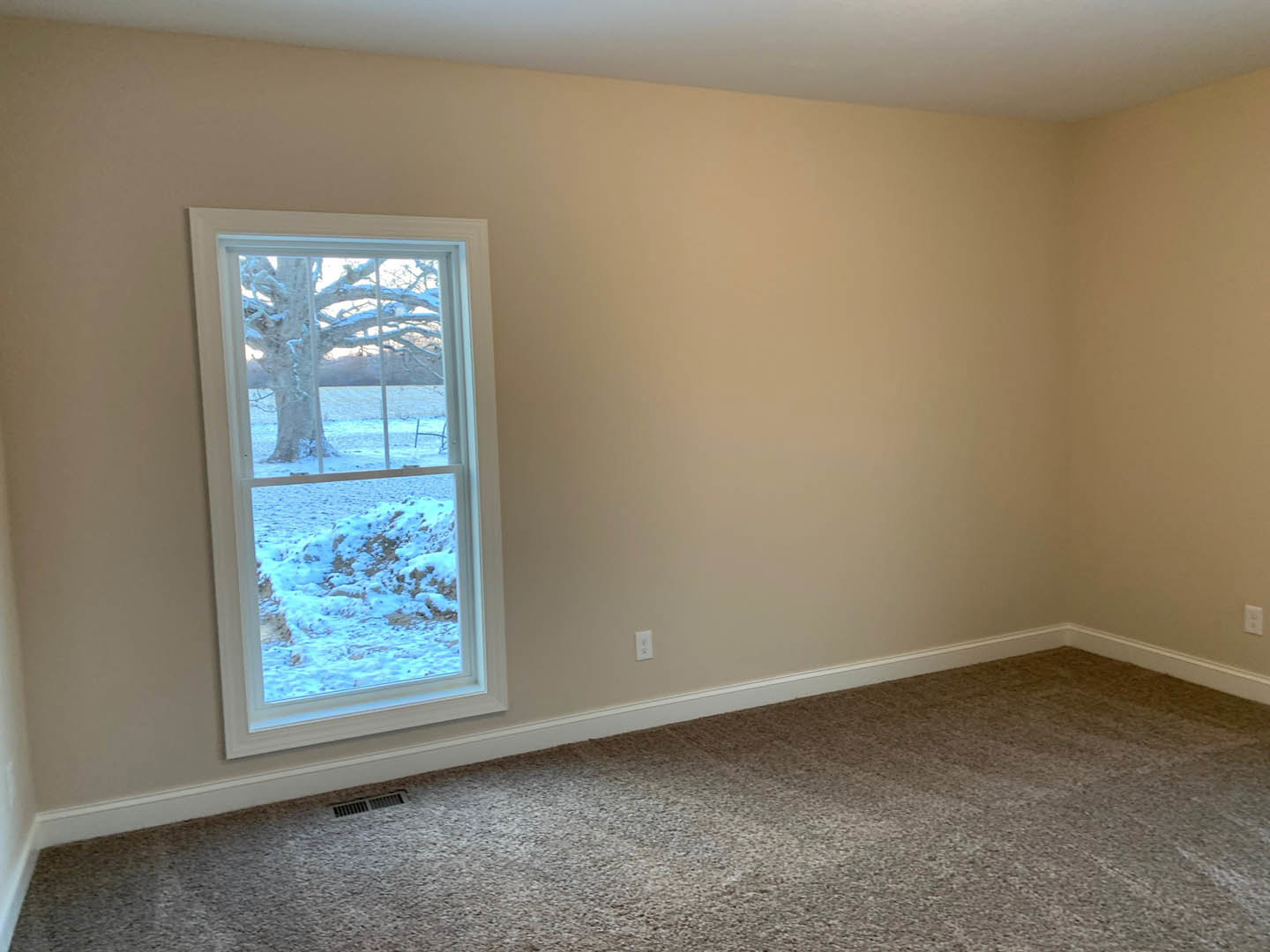 Carpeted bedroom with large window overlooking snowy landscape, white ceiling, and simple wall molding