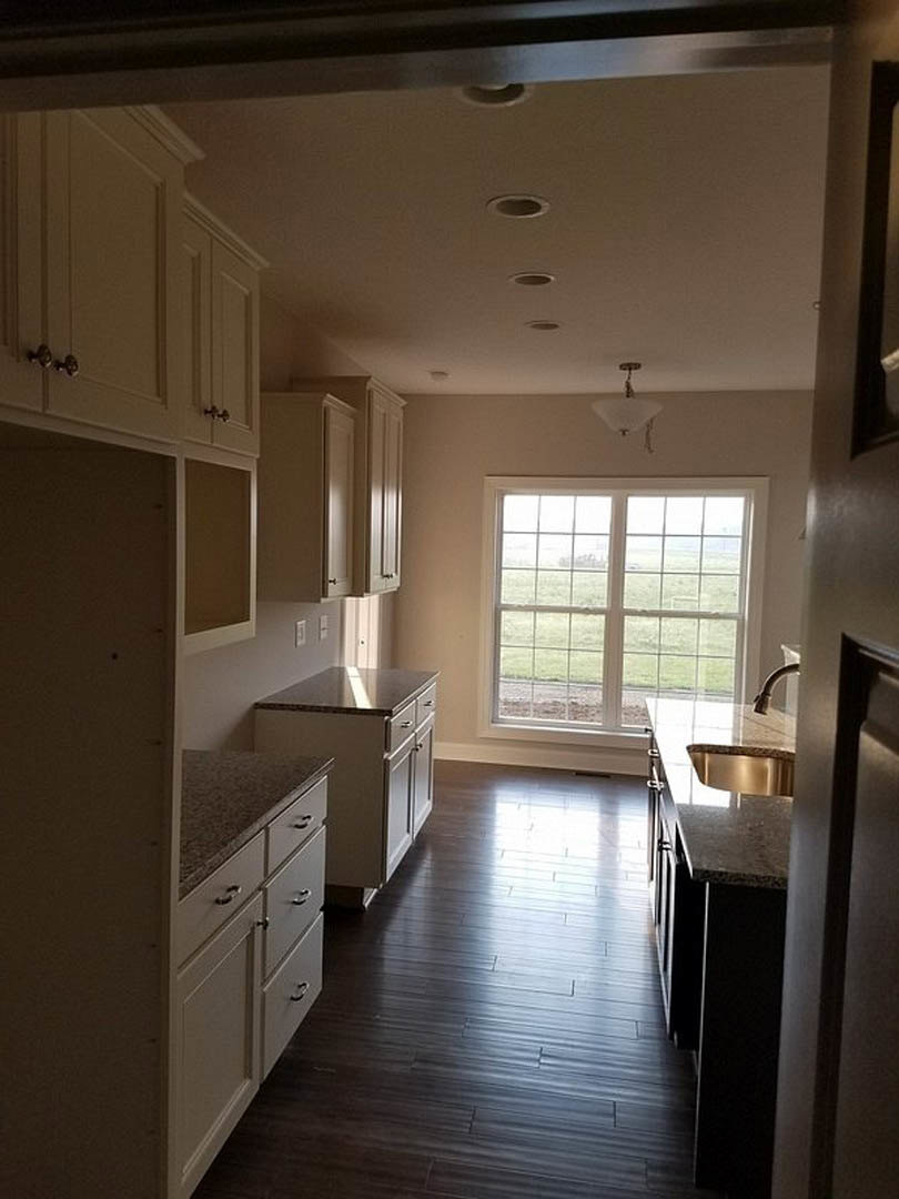 White kitchen cabinets, marble countertop, stainless steel sink, dark hardwood floors, window overlooking a grassy field, brown wall with white trim