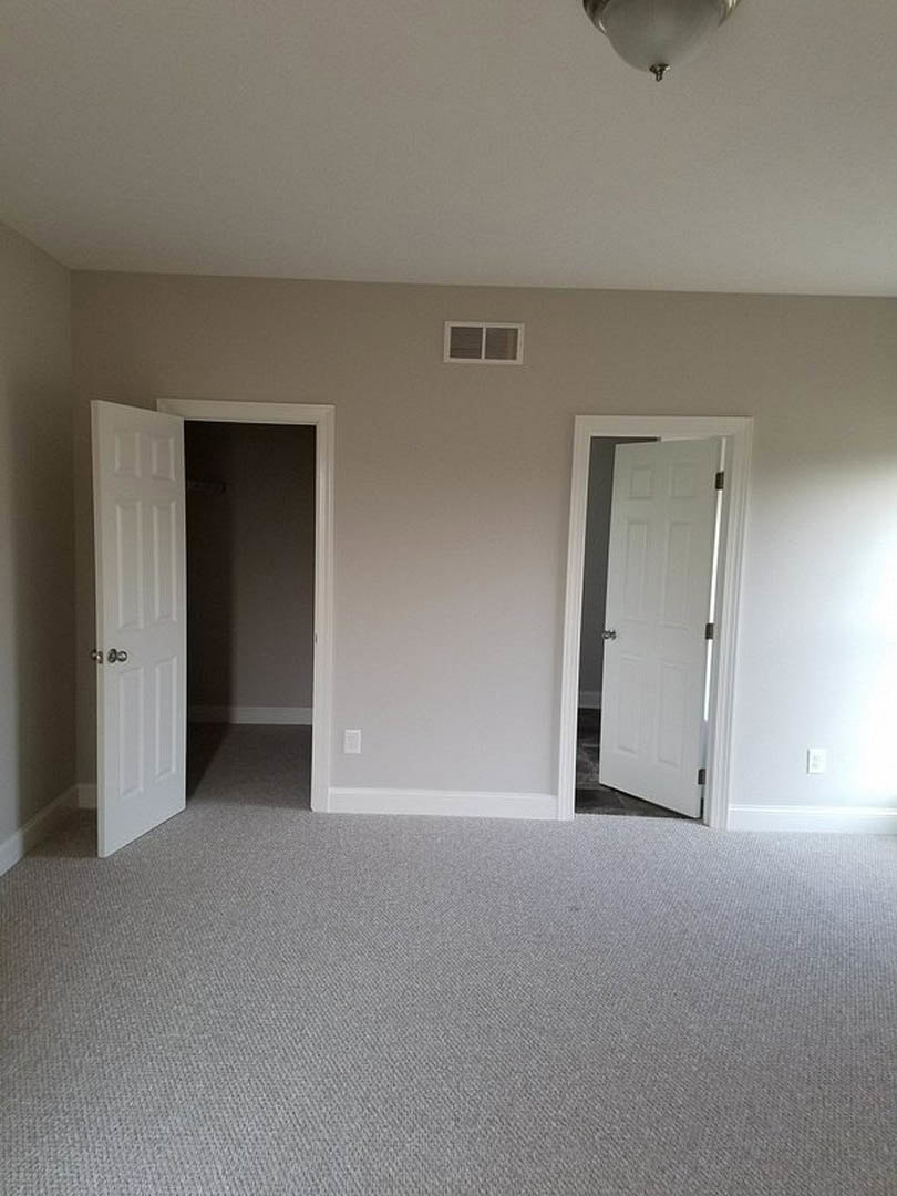 Grey carpeted room with two open white doors, silver door knobs, white ceiling and light fixture, window with vent, and dark accent wall.