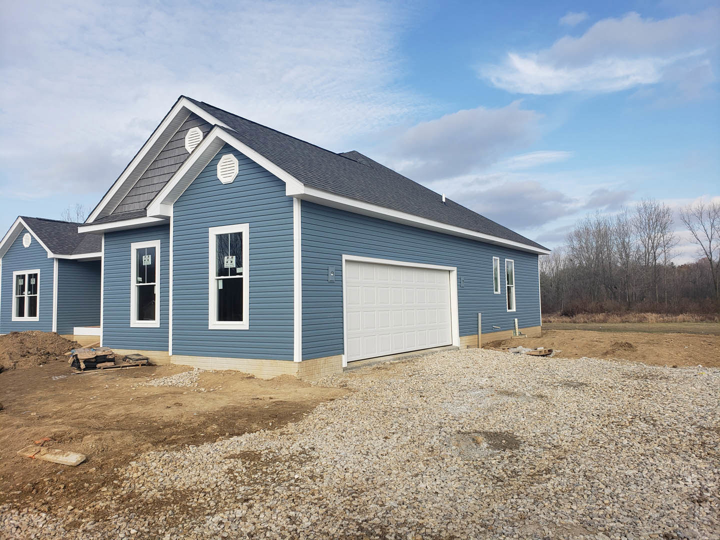 Blue siding house with white trim, attached garage with paneled door, white-framed windows, surrounded by trees and grassy yard under cloudy sky