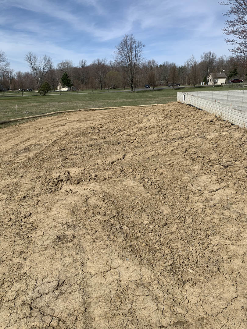 Dirt field bordered by a white concrete wall, sparse grass patches, leafless tree, wooden fence, and trees under a blue sky with scattered clouds