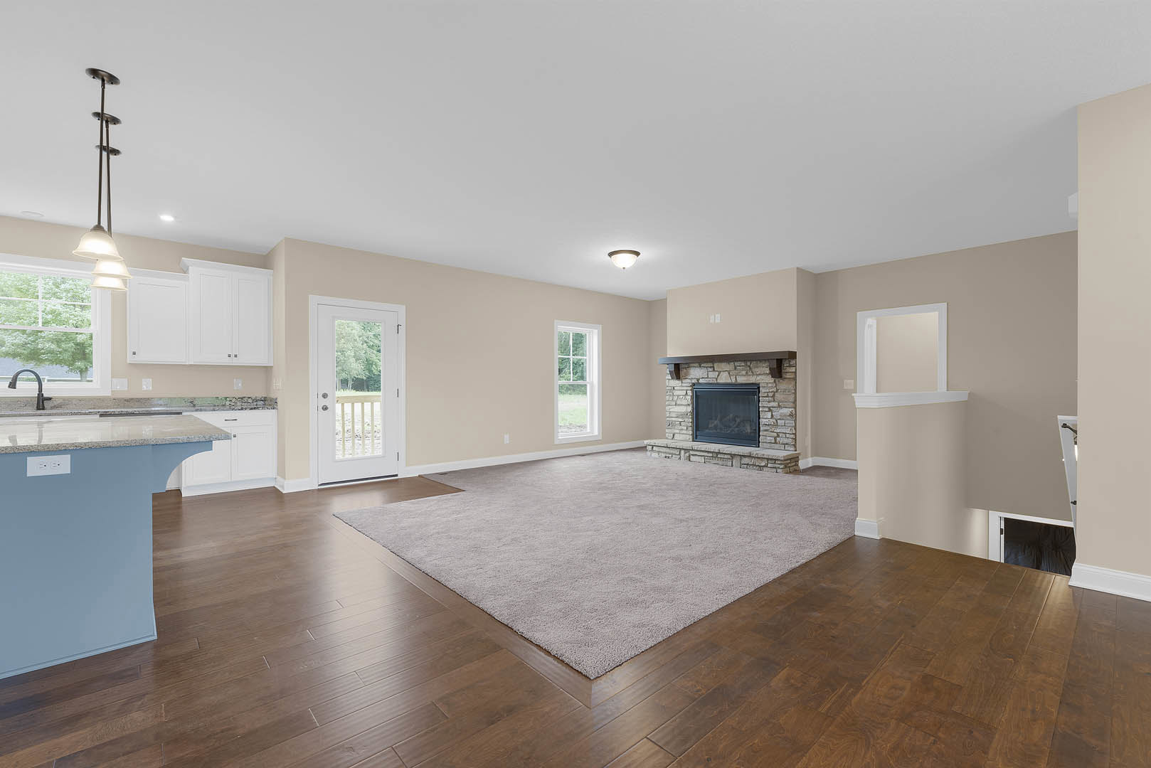 Living room with hardwood floors, central fireplace with glass front, patterned area rug, white framed window, white door with glass insert, tall metal floor lamp