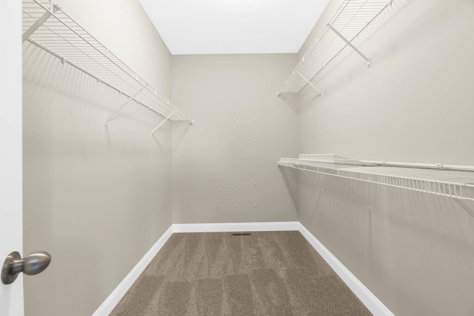 Spacious walk-in closet with white shelving, light carpet flooring, and smooth white walls