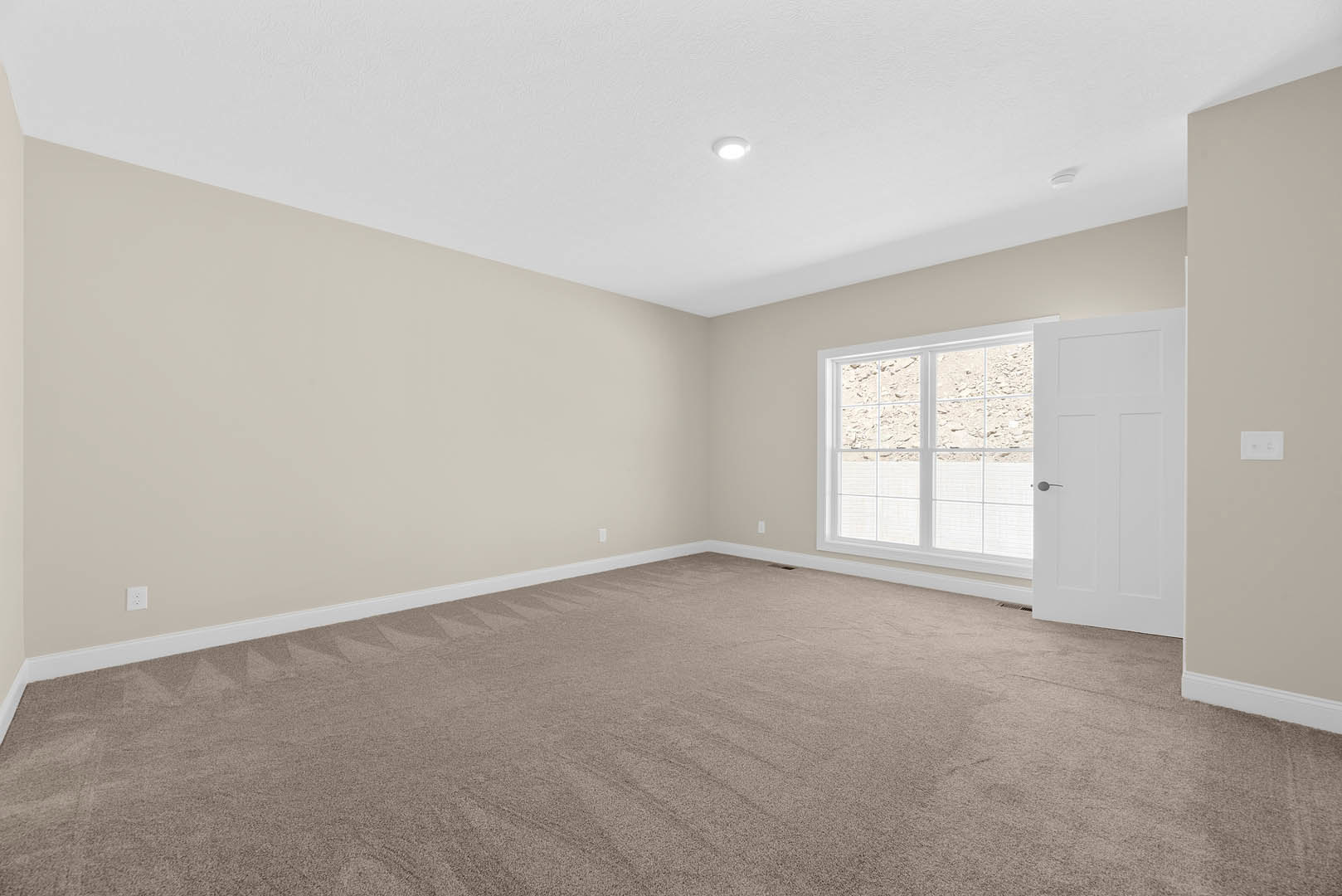 Carpeted room featuring a white door with black handle, window overlooking rocky landscape, white wall-mounted panel, and ceiling light fixture