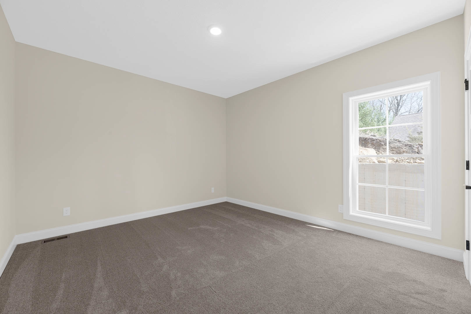 Carpeted bedroom with white walls, large window overlooking a bare dirt hill and leafless tree, recessed ceiling light, simple baseboard molding