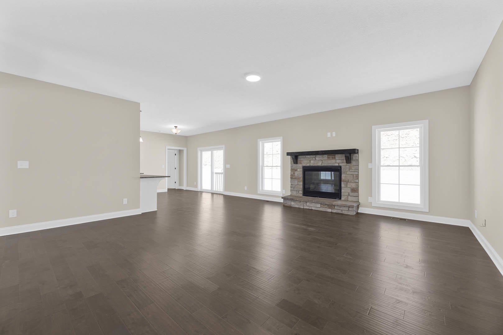 Living room with hardwood floors, white-framed window, plaster walls, ceiling light, and glass-front fireplace with black surround